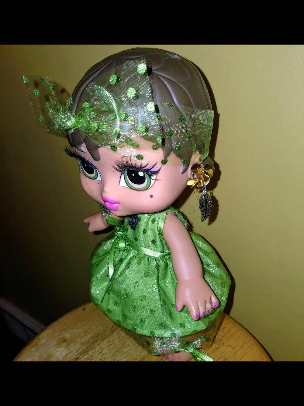 New Handmade Green Polka Dot Dress For Bratz Big Babyz Doll with Headband, 12